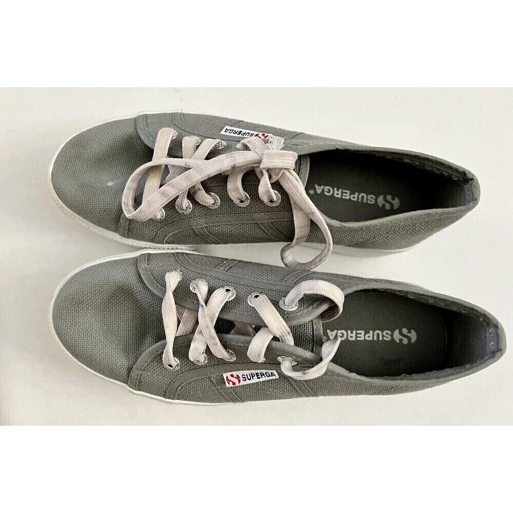 Superga Womens Size 37.5 Gray Canvas Platform Chunky Lace Up Sneakers Shoes US 7